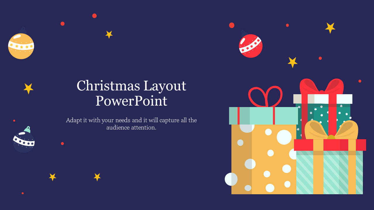 Christmas themed slide with three wrapped gift boxes on a dark background, decorated with stars and ornaments.