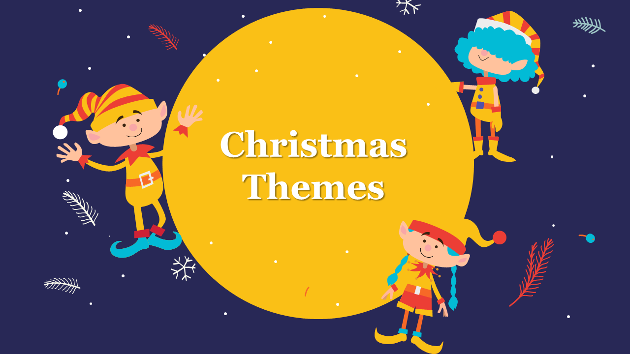 Dark blue holiday slide with colorful elves, scattered snowflakes, and a bright yellow central area for Christmas content.