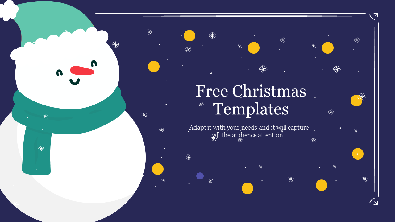 Festive background with a snowman on the left, surrounded by falling snowflakes and yellow holiday lights.