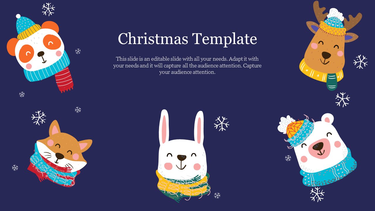 Christmas slide with six cartoon animal heads wearing winter hats and scarves on a dark blue snowy background.