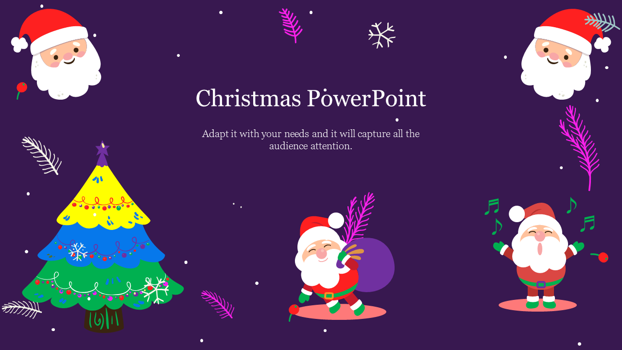 Festive background with cartoon Santas, musical notes, and a layered Christmas tree on a dark purple backdrop.
