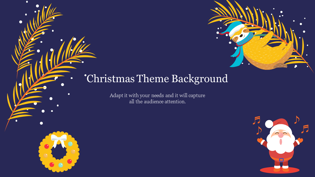 Festive background with cartoon sloth in Santa gear, singing Santa, and yellow fir branches framing the slide.