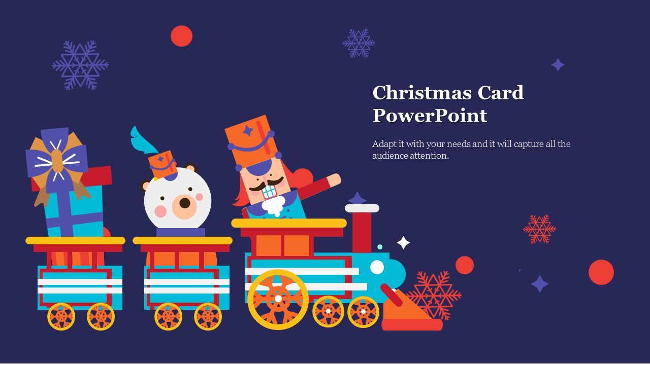 Christmas-themed slide showing a train loaded with gifts and characters, with decorative snowflakes and circular elements.