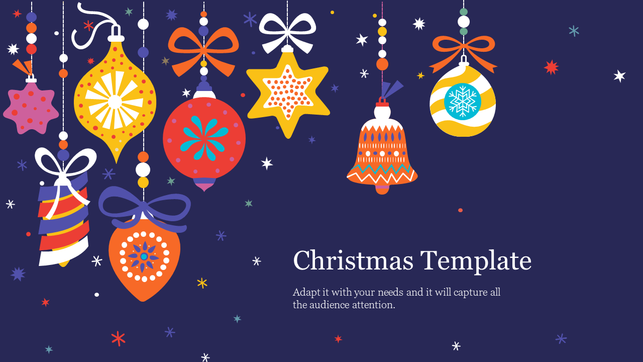 Colorful Christmas baubles and ribbons hanging from strings, with stars scattered on a dark festive backdrop.