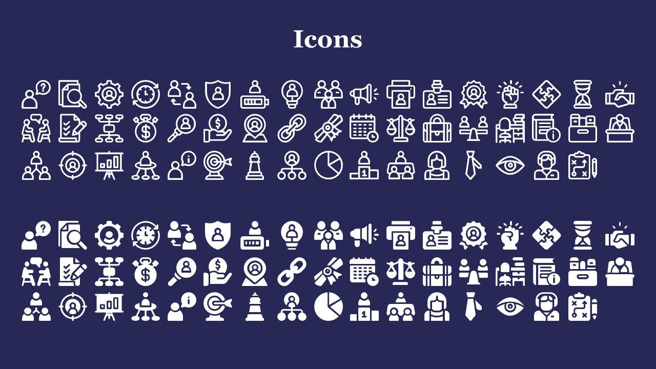 Slide with a variety of business icons such as dollar signs, magnifying glasses, ties, and pie charts arranged in rows.