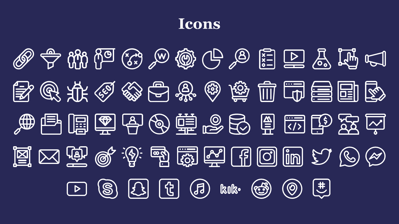 Grid of outlined icons featuring business tools, charts, social media logos, and digital interface elements.