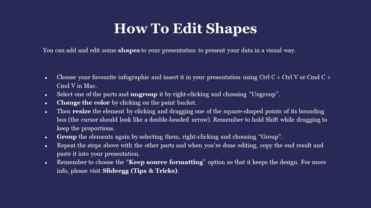 Blue background slide with white text explaining how to modify shapes in PowerPoint, including shortcuts and design tips.