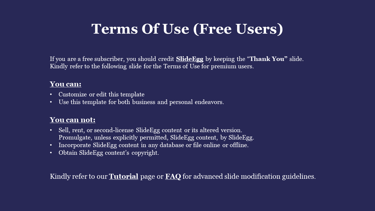 Blue background slide listing permissions and restrictions for free user of SlideEgg templates, with credit requirement note.