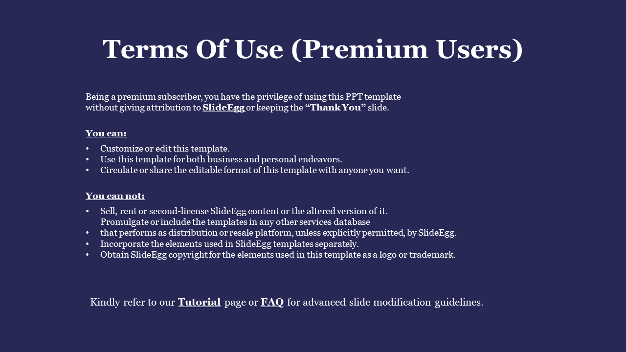 Slide showing premium usage policy with white text outlining allowed template usage and limitations such as resale.