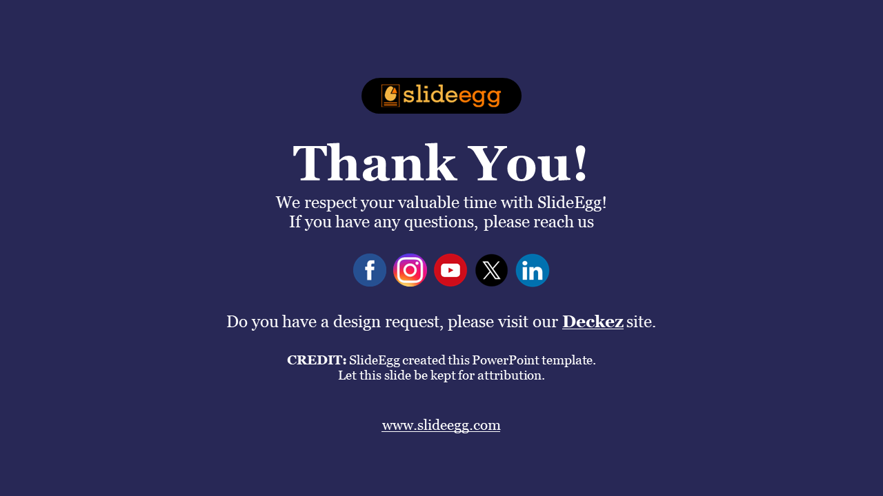 Thank you slide with SlideEgg logo on top, social media icons in the center, and attribution text at the bottom.