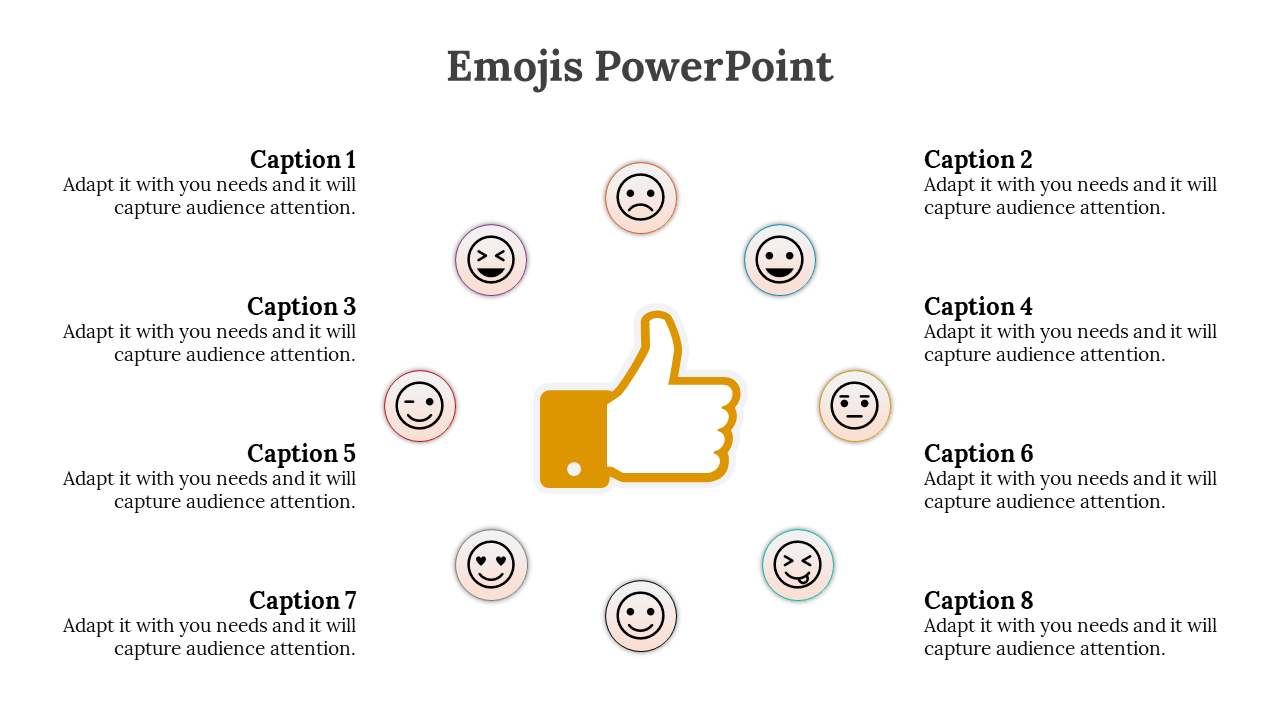 Circular layout of emojis with a yellow thumbs up in the center and eight text captions evenly split on both sides.