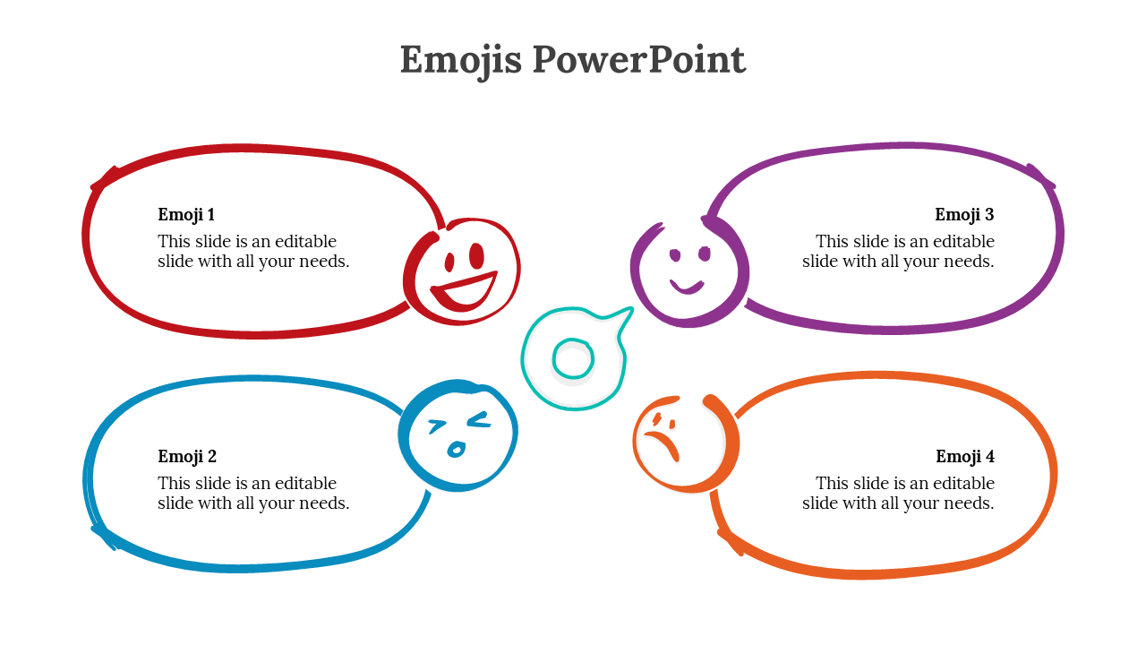 Four colorful emoji speech bubbles in red, blue, purple, and orange, each with editable text and expressive face on the side.