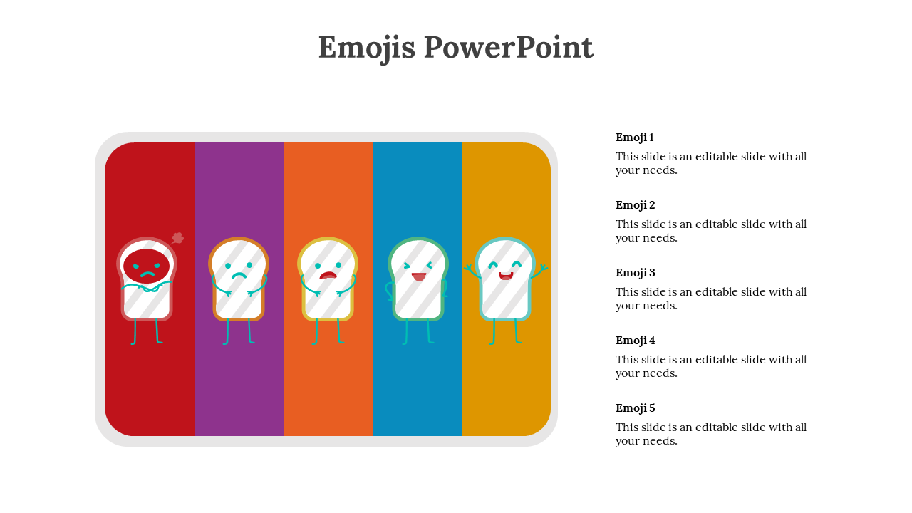 Horizontal emotion scale with five animated mirror emojis on colored bars, showing mood change from red anger to yellow joy.