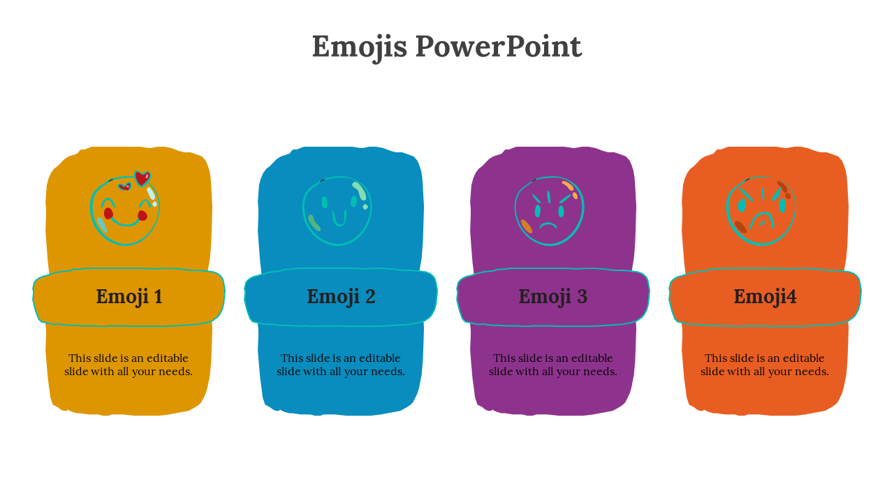 Expressive emoji icons inside colored shapes with bold emoji labels and editable text beneath each emotion.