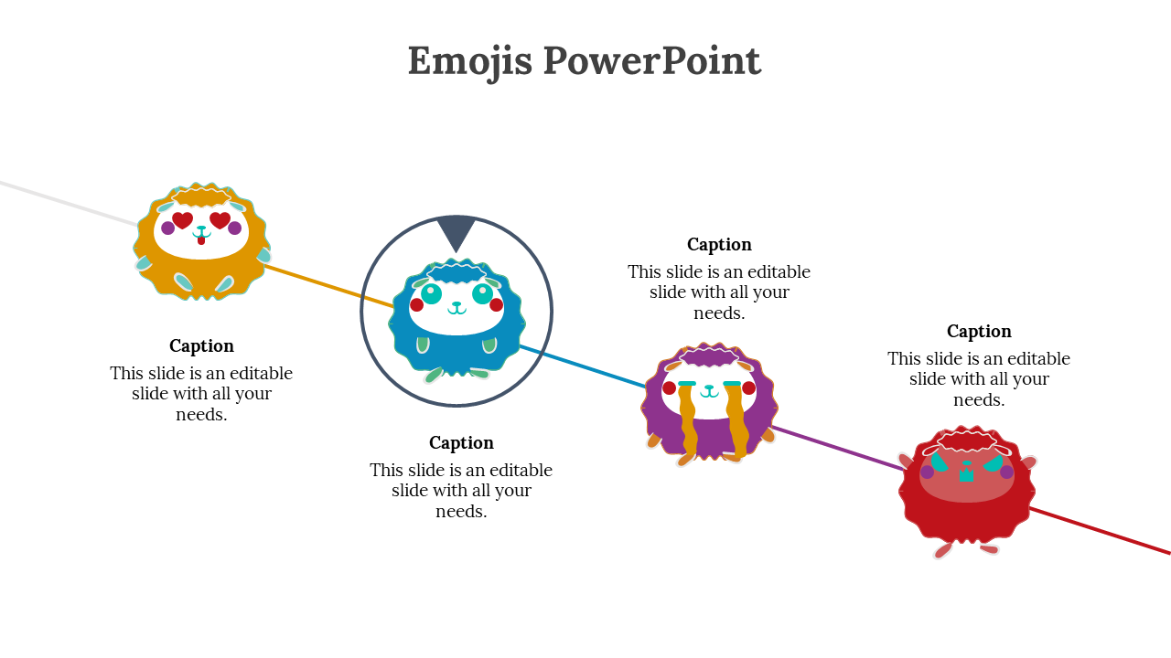 Slanted line chart with expressive emoji faces in yellow, blue, purple, and red, central emoji circled to indicate emphasis.