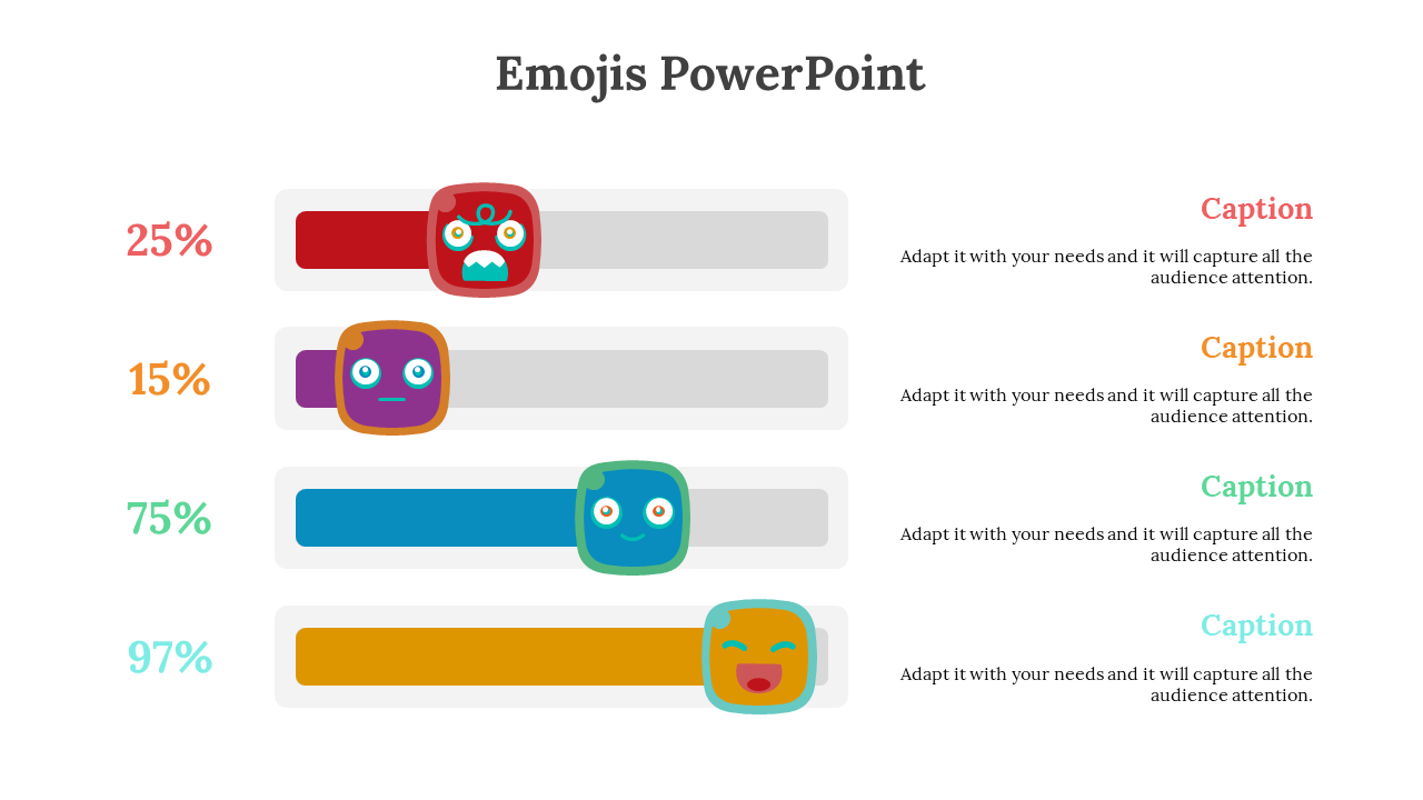 Colorful progress bars with character emojis inside, each paired with a percentage and caption text to the far right.