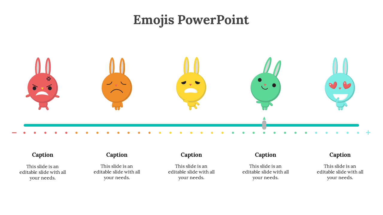 Emotional range chart with bunny characters in red, orange, yellow, green, and blue, sitting a horizontal mood slider bar.
