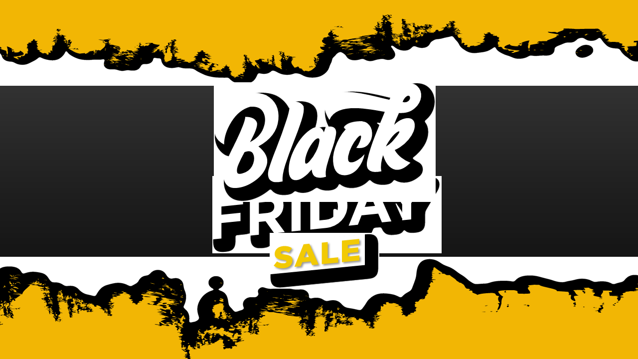 Black Friday Sale graphic featuring stylized text in black and white with yellow paint splatter effects on top and bottom edges.