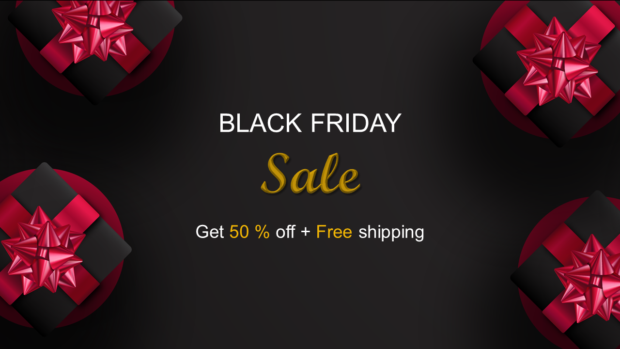 Black Friday image with festive red-black gift boxes, centered discount text, and gold accents for emphasis.