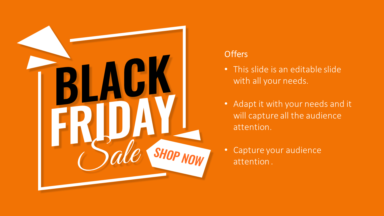 Black Friday slide with stylized white frame, sale text, and bullet point offers on an orange background.