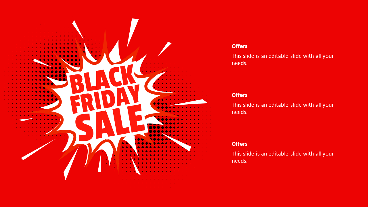 Black Friday sale banner with comic-style white explosion on red background and editable offer text on the right.