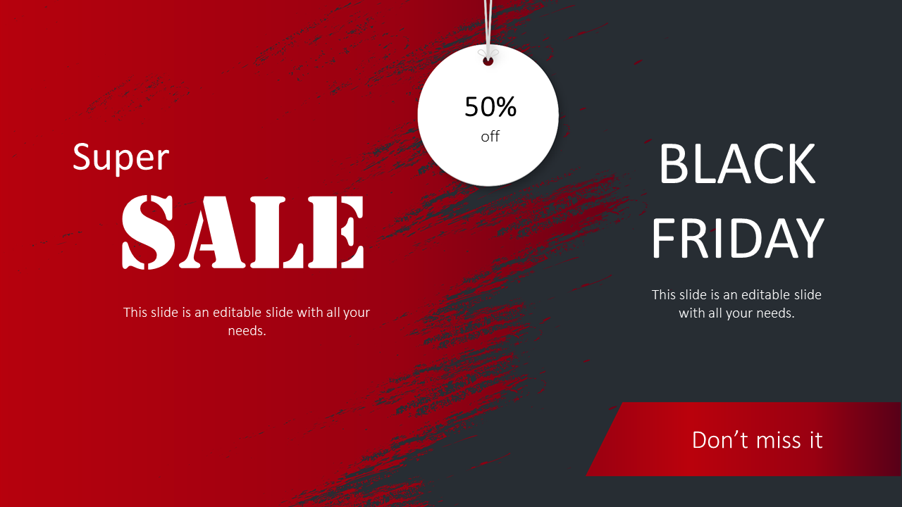 Promotional Black Friday slide with hanging price tag, red and black brush texture background, and text sections.