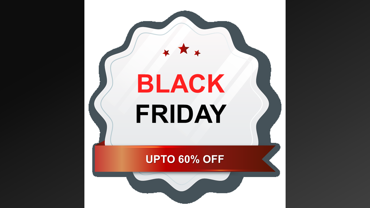 Glossy sticker style Black Friday label with red and black text, red gradient ribbon, and discount offer at the bottom.