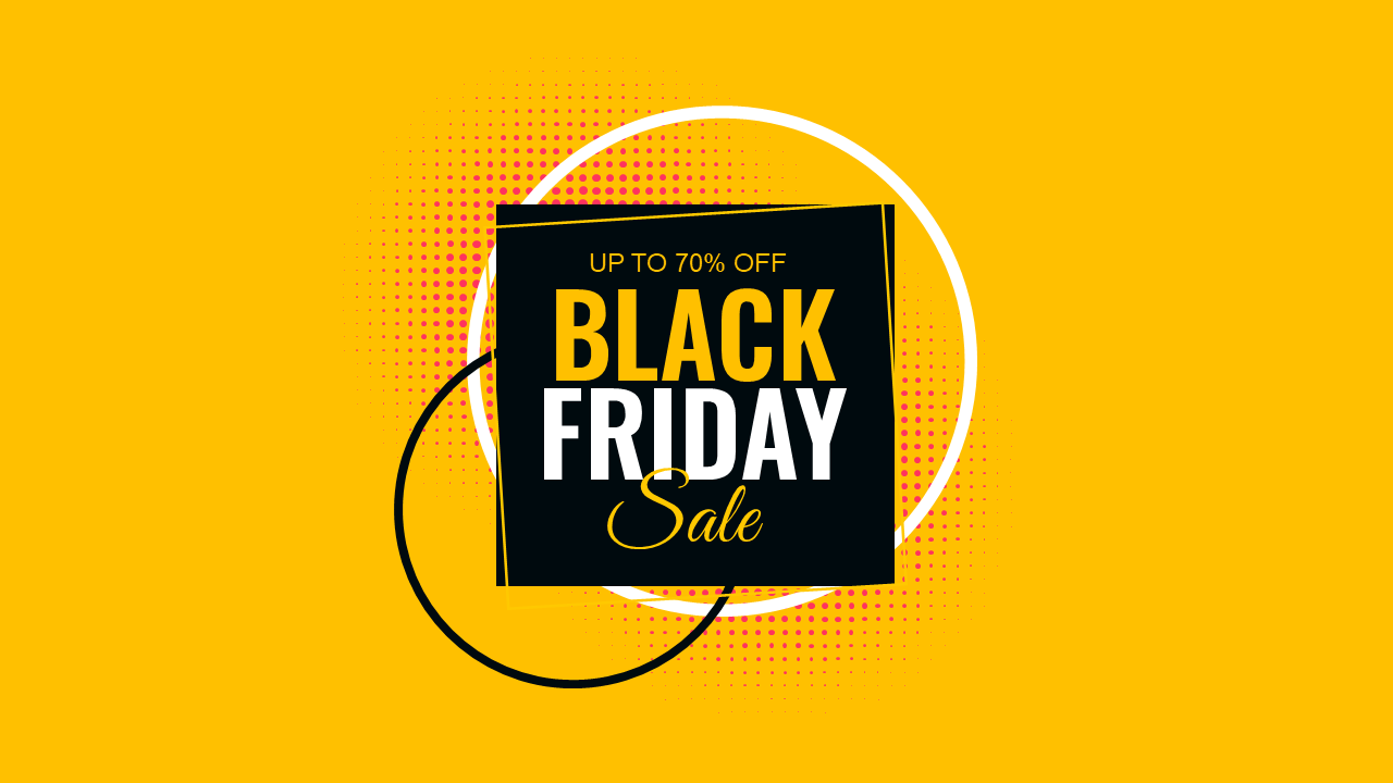 Bold Black Friday sale graphic with gold and white text on a black shape, over a yellow background with halftone pattern.