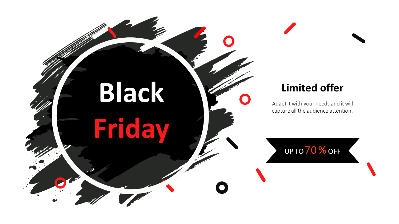 Black Friday sale graphic with bold circular brush design, red accents, and a right-side banner showing up to 70% off.
