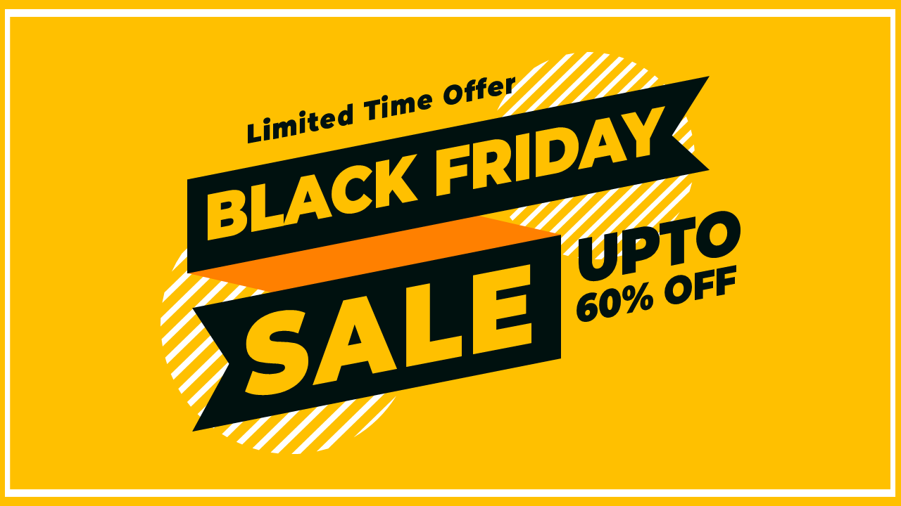 Promotional Black Friday graphic with bold fonts, yellow and black color scheme, and discount detail on a striped background.