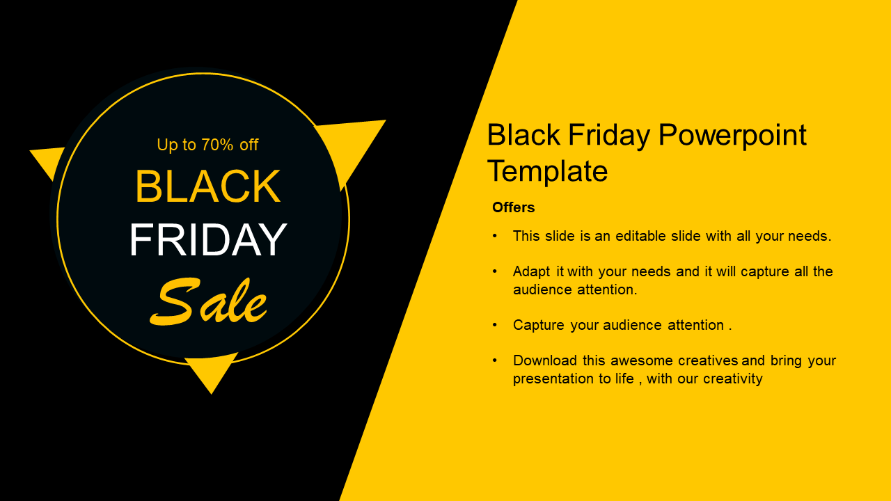 Black Friday sale slide with circular badge on left showing 70% off and editable offer text on a yellow and black background.