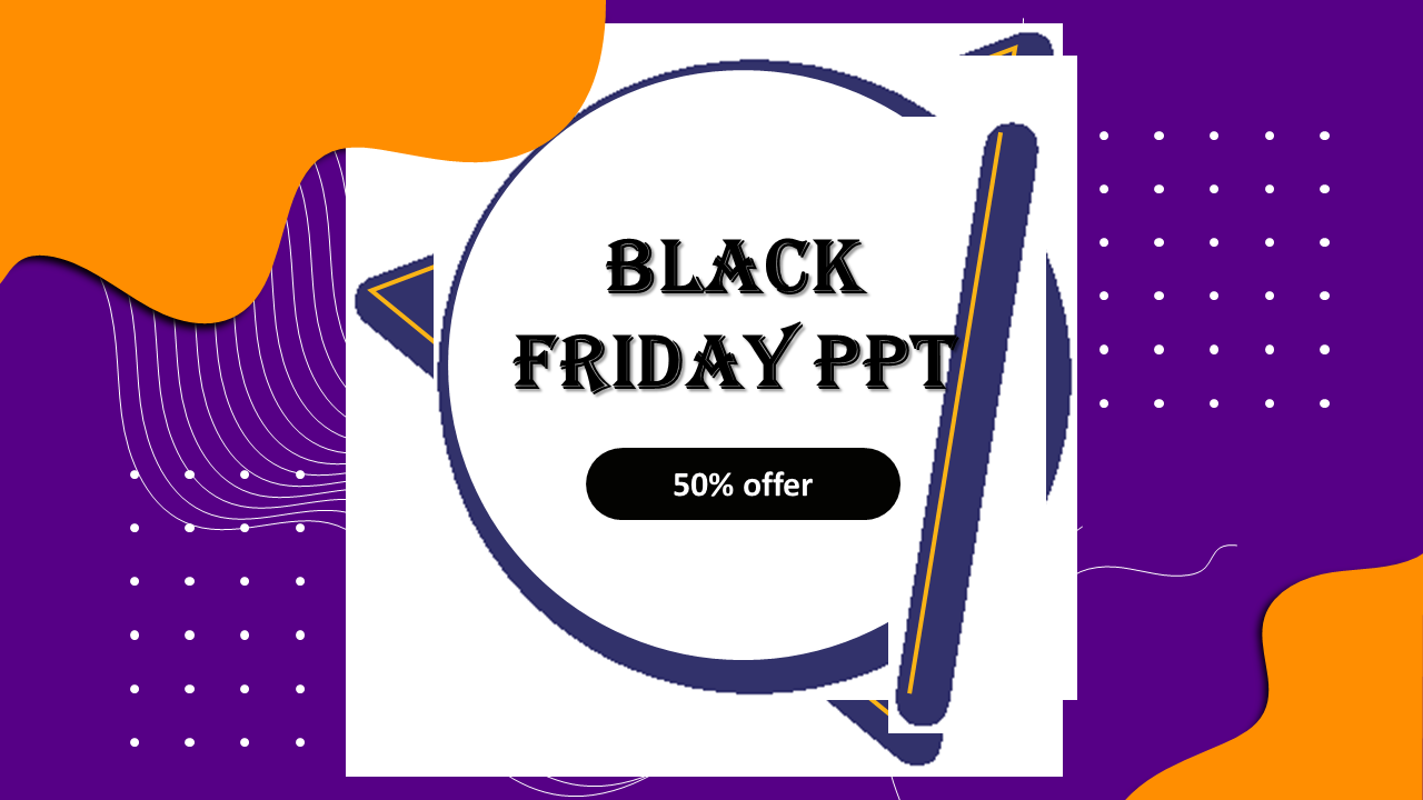 Bold Black Friday graphic featuring white center circle, black offer button, and dynamic purple and orange wave elements.