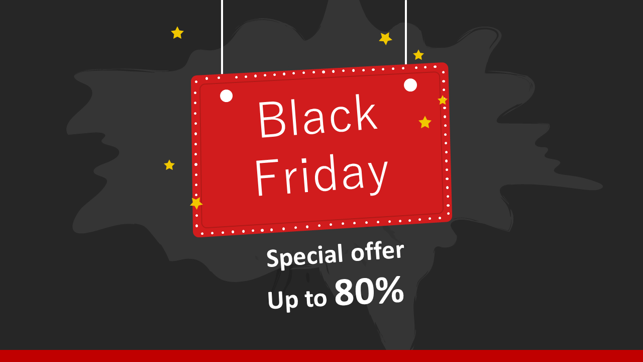 Festive Black Friday banner with dotted red signboard, yellow stars, dark background, and bold discount offer text.