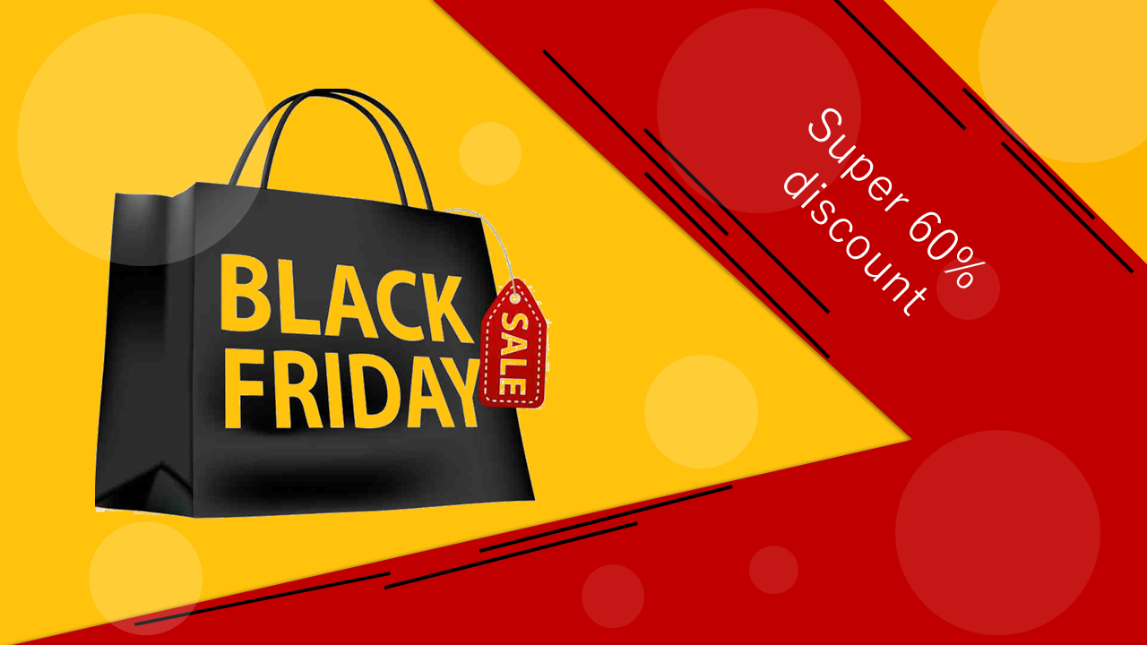 Promotional Black Friday image featuring bold yellow and red layout, a sale bag icon, and slanted discount message.