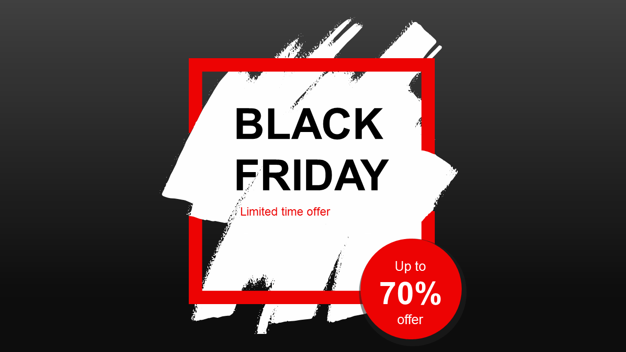 Bright Black Friday graphic featuring multicolor SALE label, curved shapes, and dotted design elements on a blue backdrop.