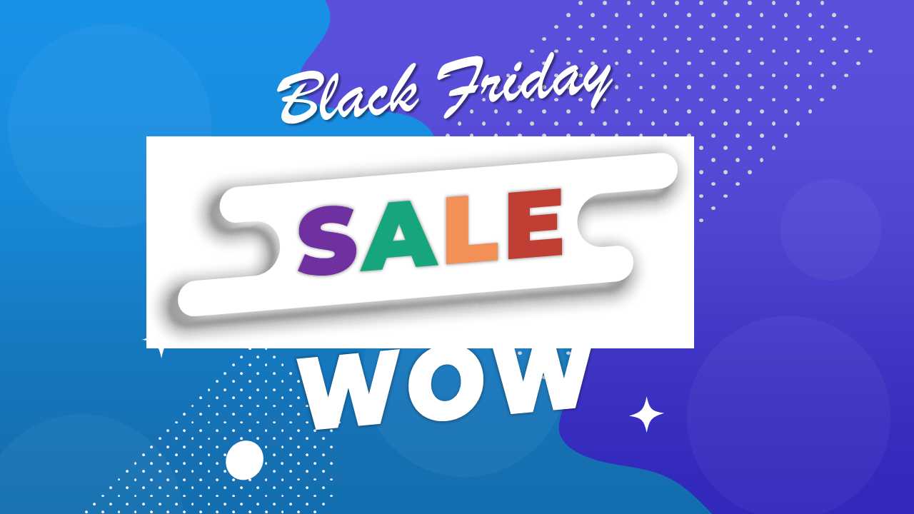 Black Friday sale banner with pink and white abstract shapes, megaphone, 50% off badge, and shop now button.