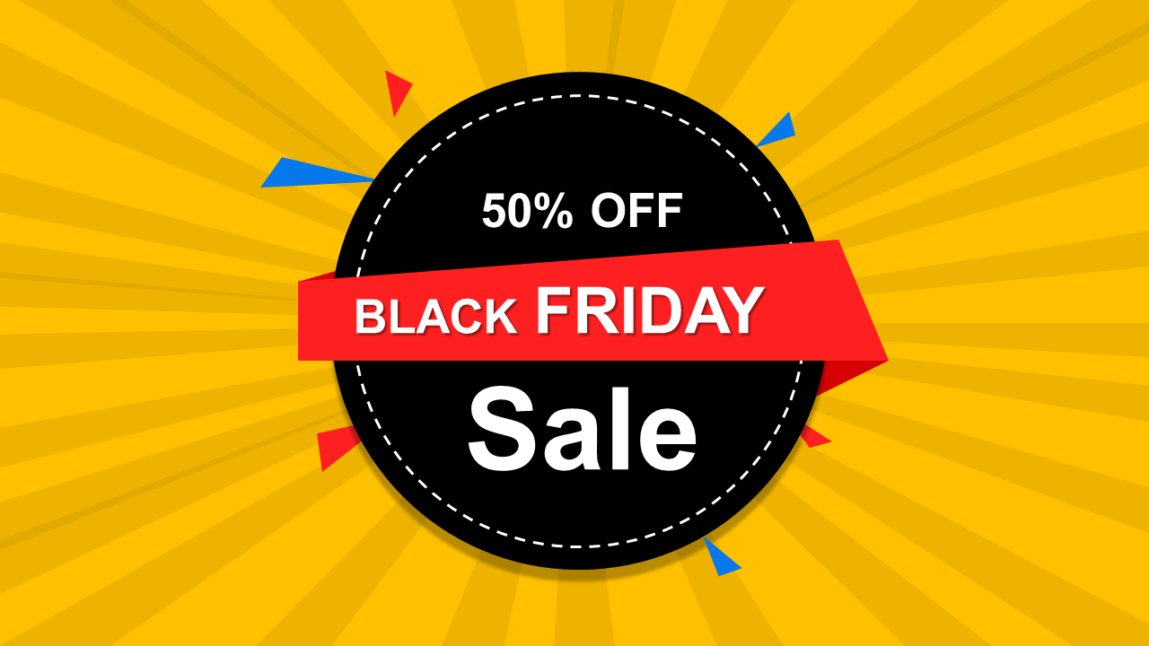 Slide featuring a white hexagonal banner with 50% label and offer button, alongside four numbered text boxes.