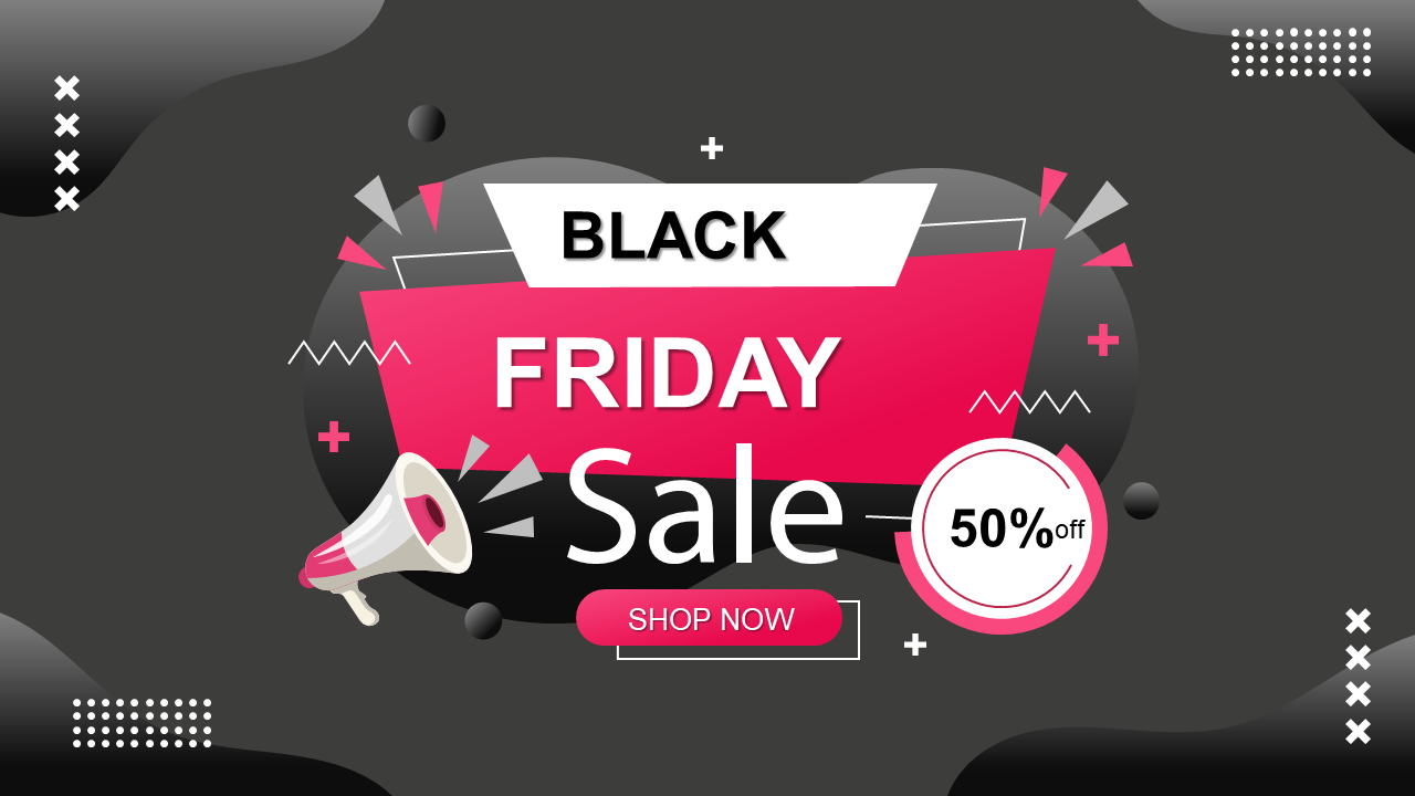 Black Friday slide with yellow shopping cart graphic on a split red yellow background and bullet text on the right.