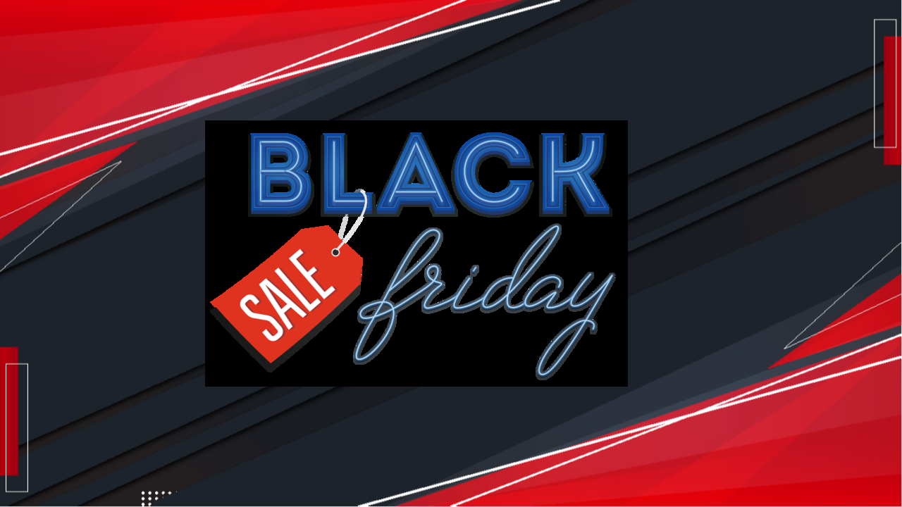 Shopping cart with present inside, surrounded by dotted burst shape and Black Friday sale offer on orange halftone backdrop.