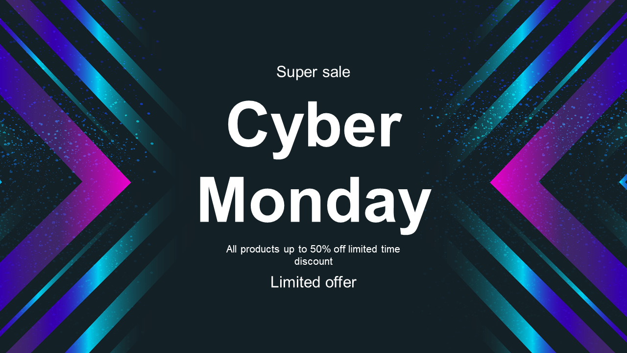 Black background Cyber Monday ad with limited offer message and colorful diagonal shapes in blue and pink.