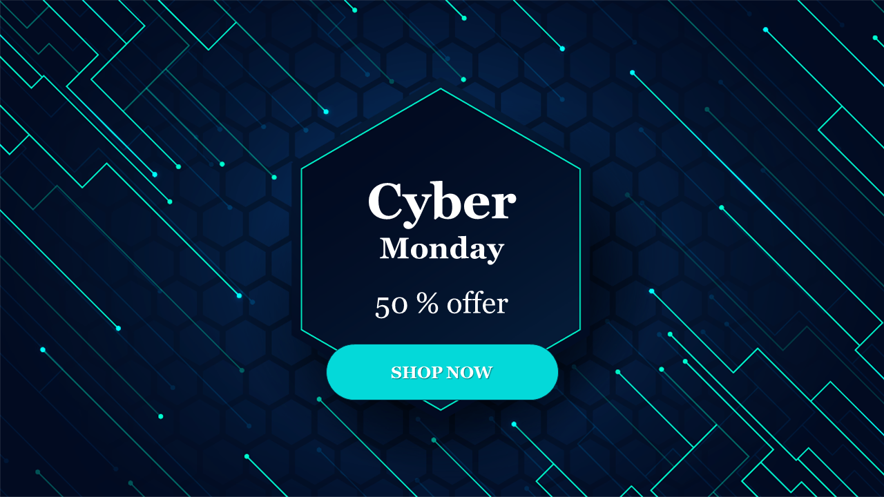 Futuristic Cyber Monday design with tech grid background, central hexagon showing 50% offer, and call to action button.