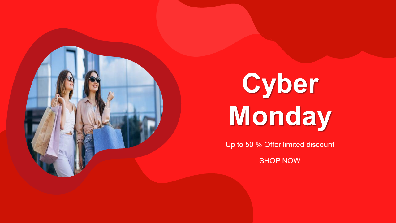Promotional Cyber Monday banner with wavy red shapes, photo cutout of shoppers, and discount message on right.
