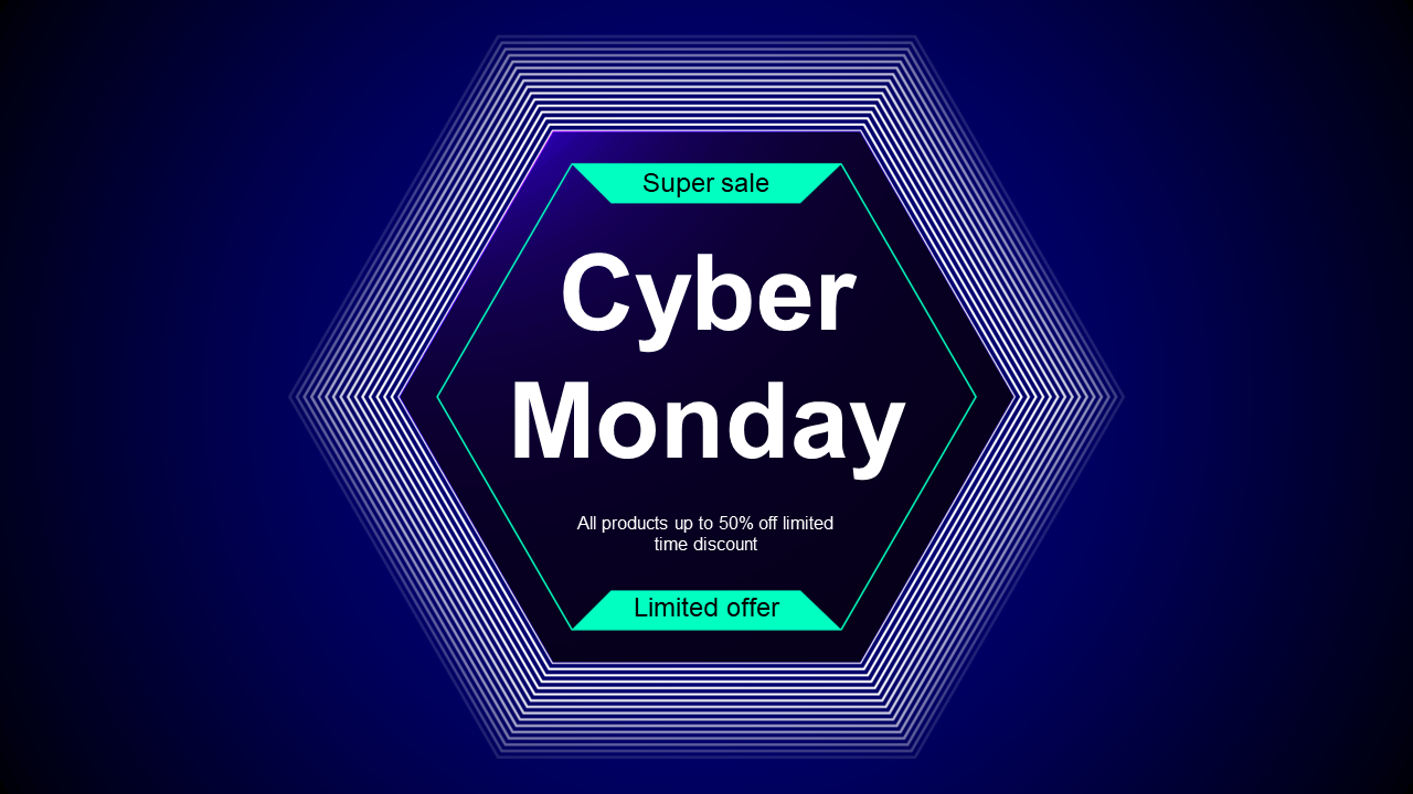 Futuristic Cyber Monday banner with neon hexagon frame, centered bold text, and promotional message on dark background.