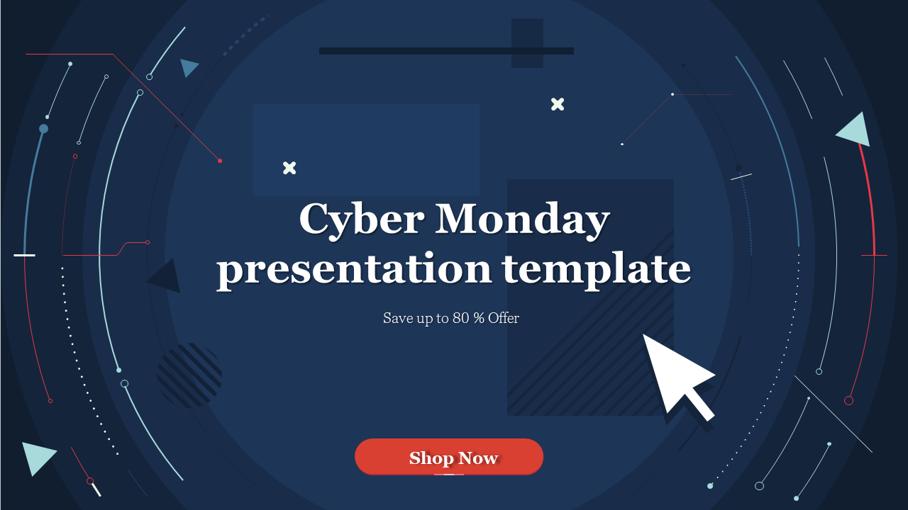 Cyber Monday slide with white text at center, dark blue tech-style background, and red Shop Now button below.