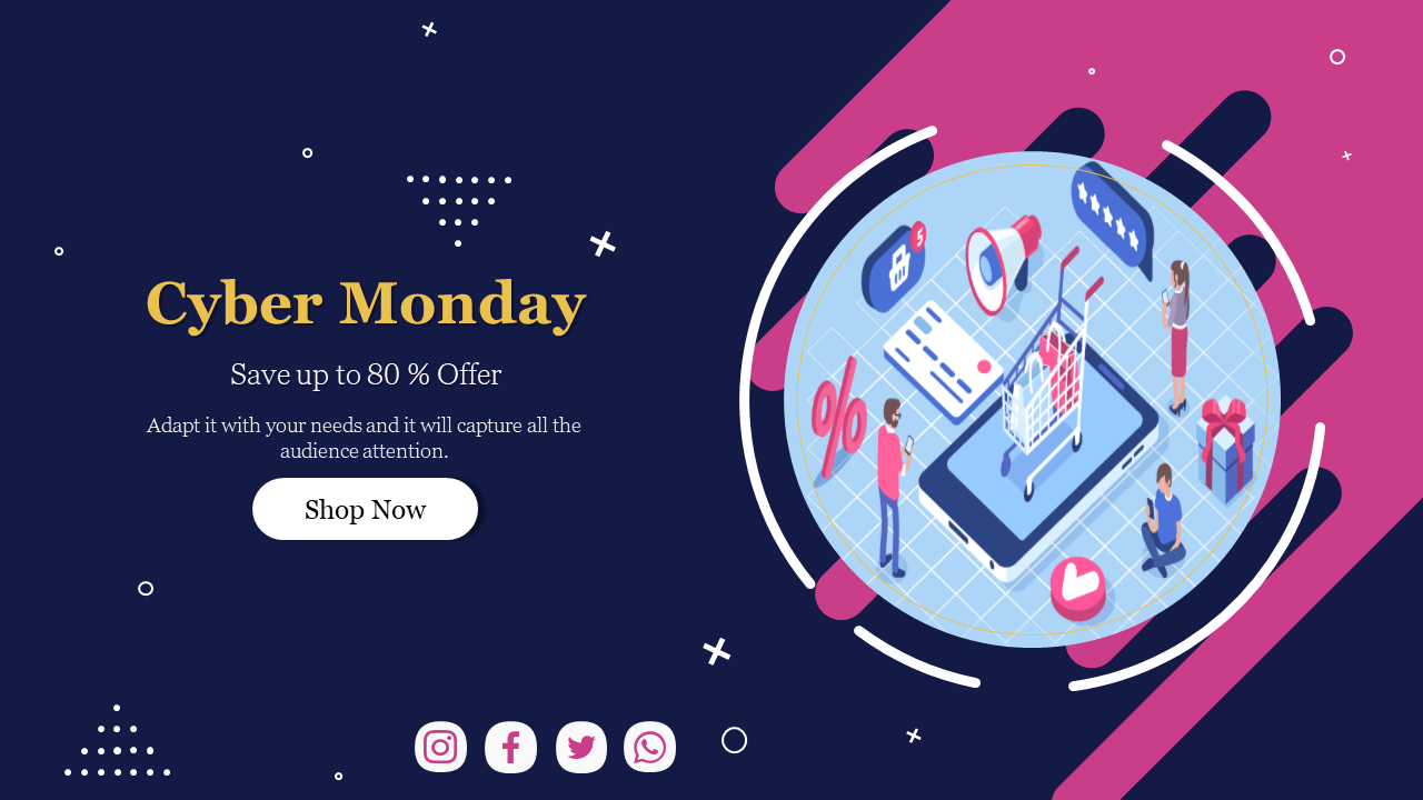 A  layout featuring a digital shopping scene inside a circular frame, offer text, and social icons below.