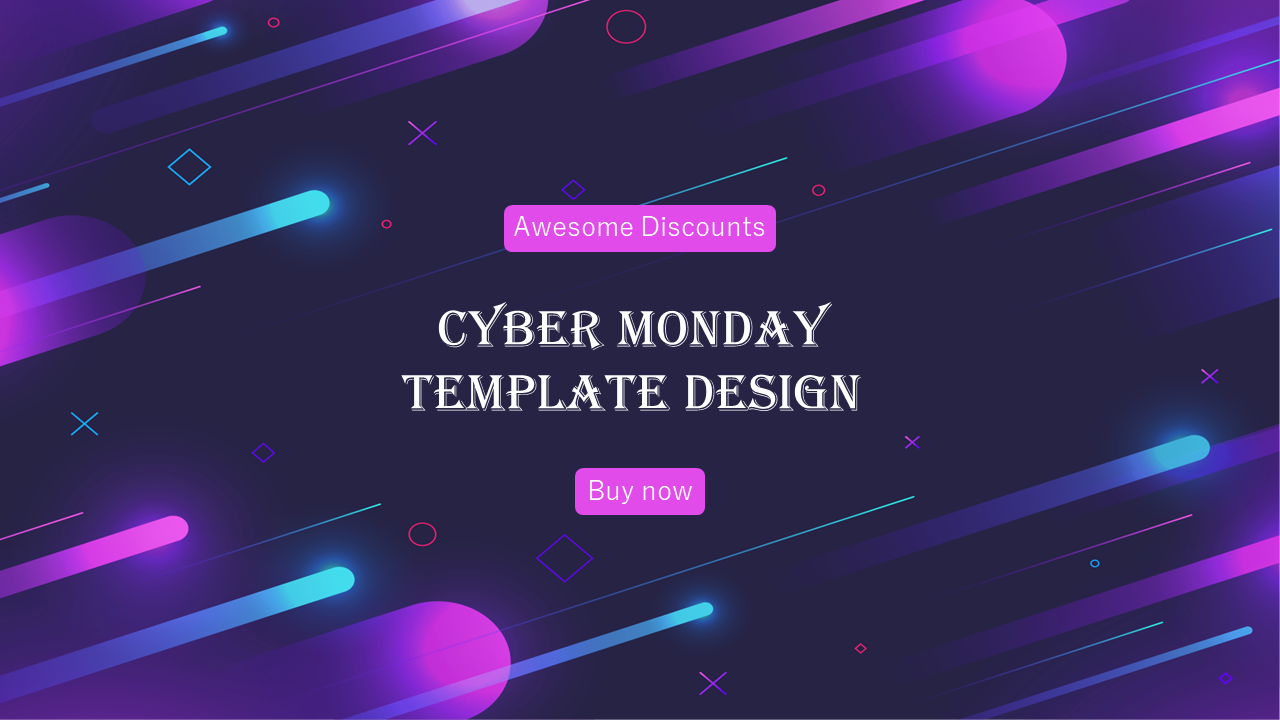 Cyber Monday template with glowing diagonal neon streaks, white heading, and pink buttons for discounts and purchase.