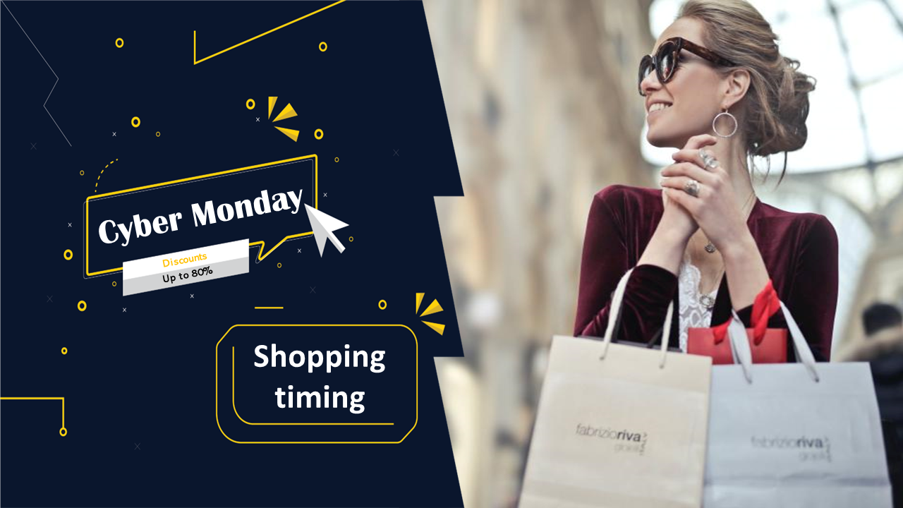 Cyber Monday design with left side showing dark panel and labels, and right side featuring a woman holding shopping bags.
