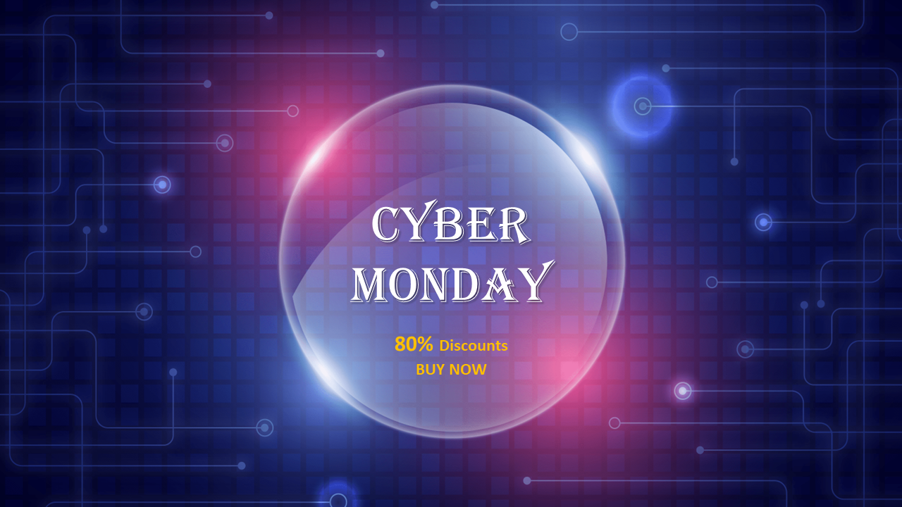 Cyber Monday sale graphic with glowing transparent sphere on a blue tech background and discount text in yellow.