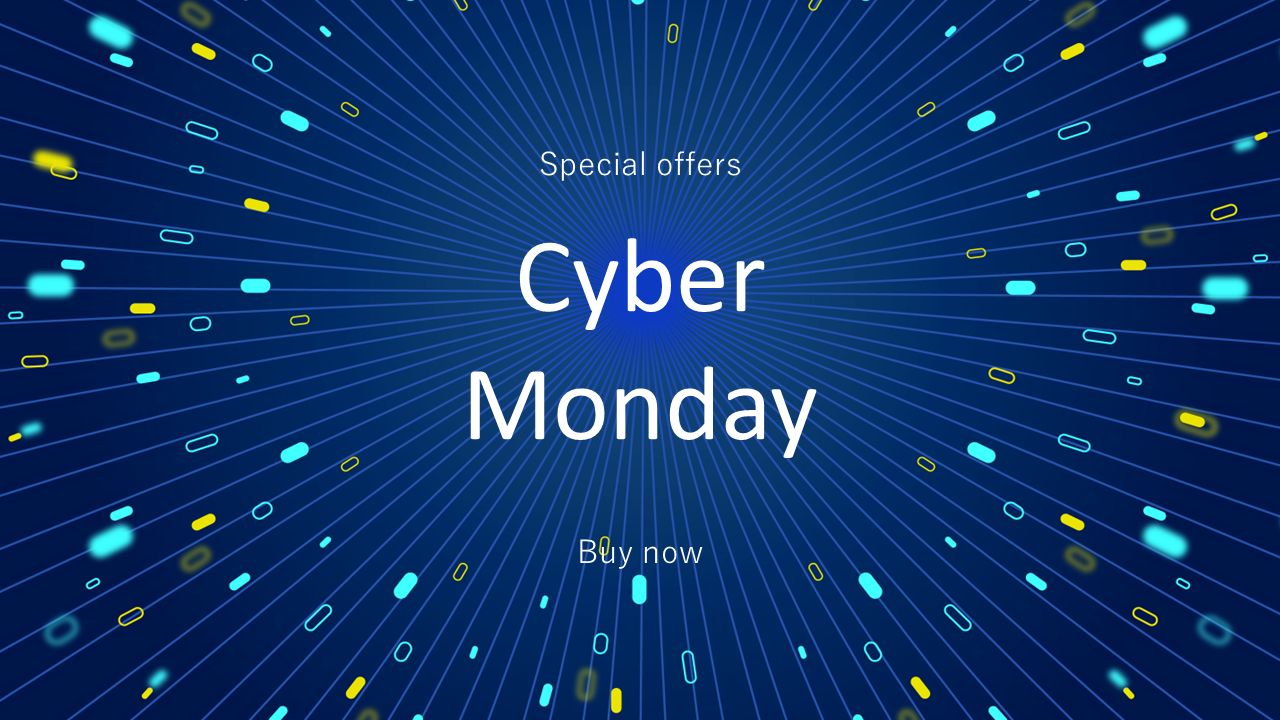 Cyber Monday special offers slide with central text and dynamic neon tech elements scattered around.