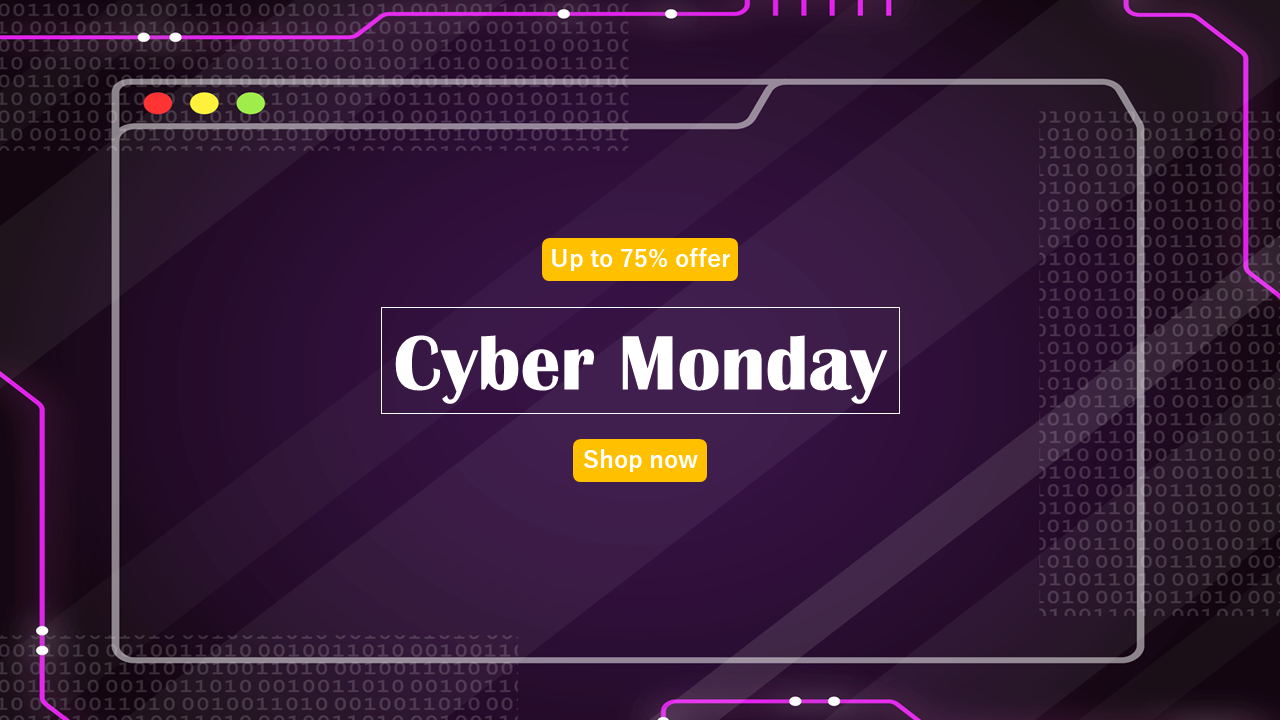 Cyber Monday sale slide with browser window frame, binary background, and neon purple circuit lines.